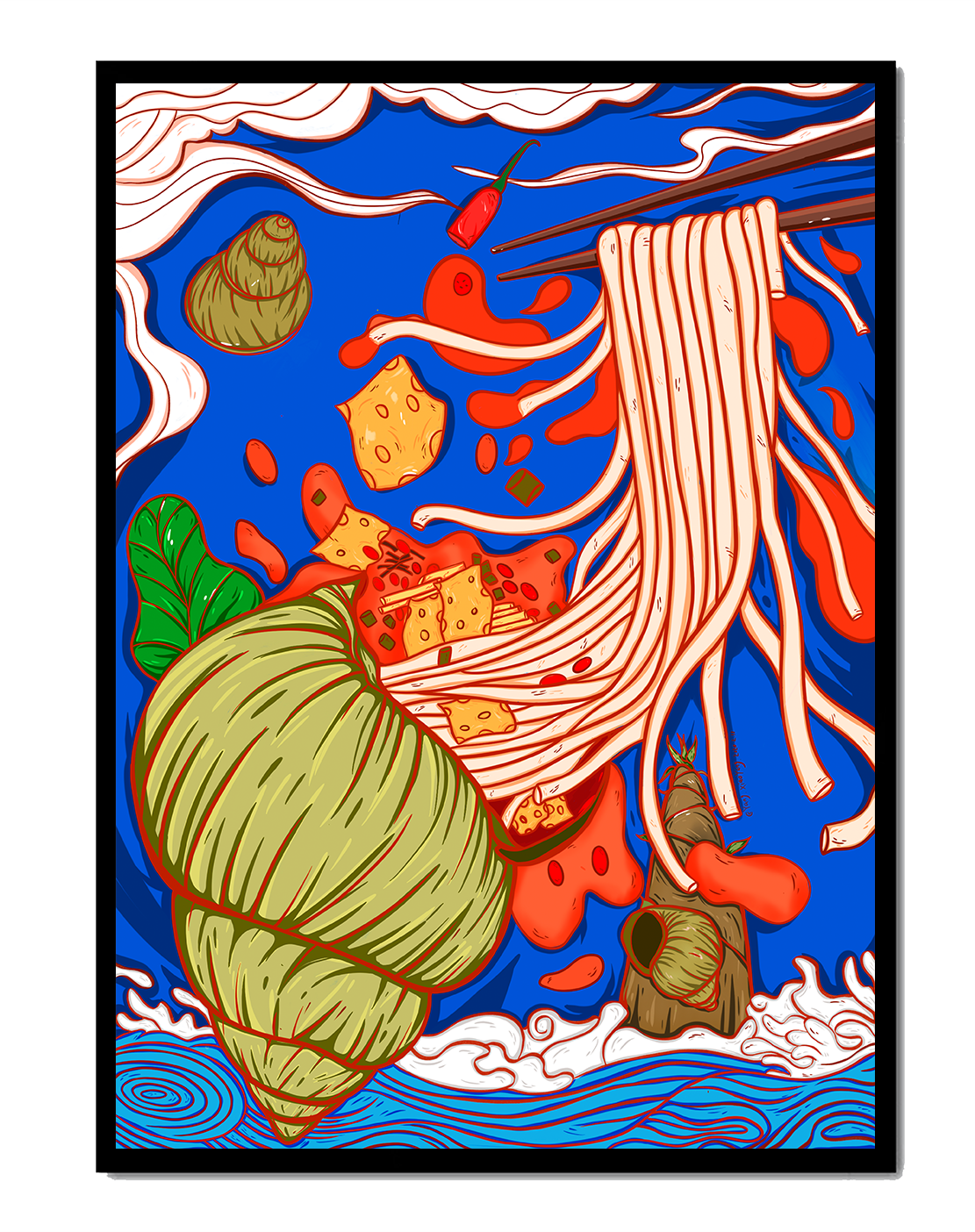 Ilustración intrincada de fideos con colores vibrantes y elementos detallados