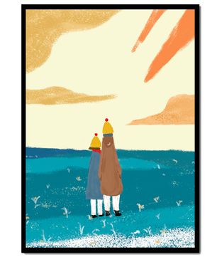 Two figures in winter clothing on a serene beach