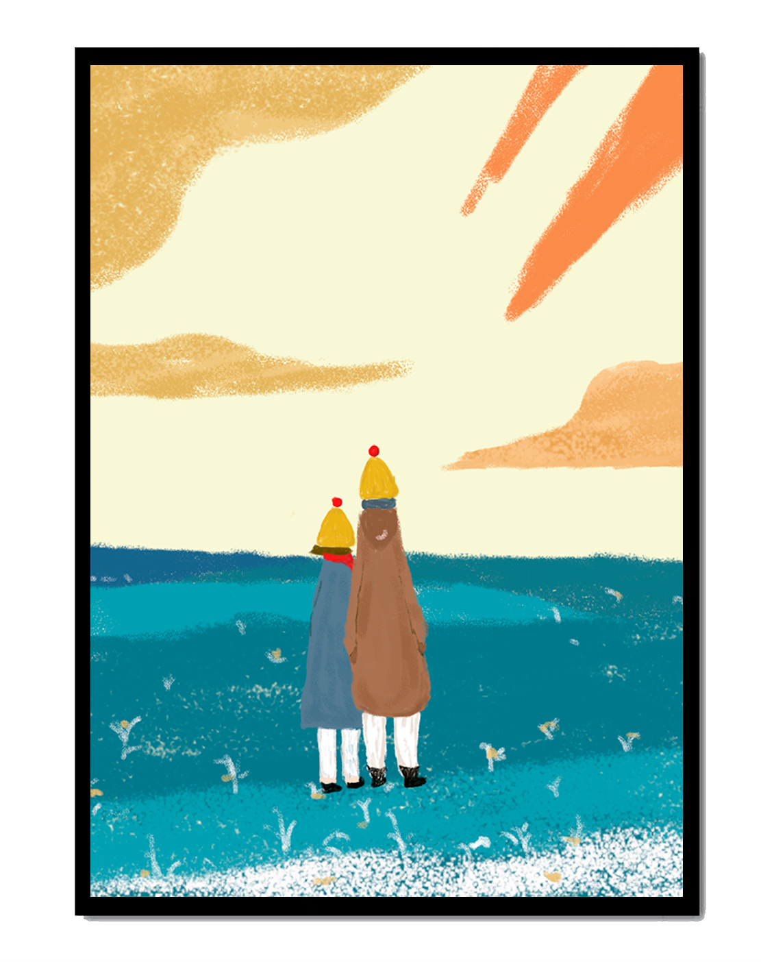 Two figures in winter clothing on a serene beach