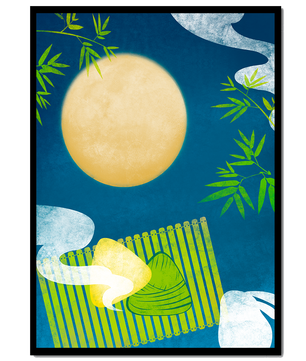 Moonlit night with bamboo and dumplings on a mat