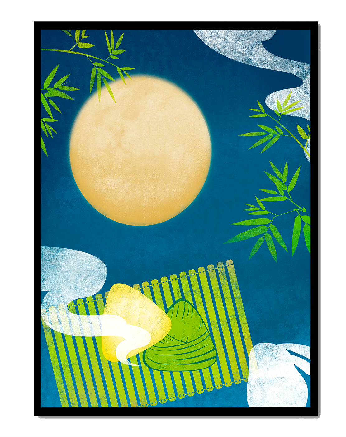 Moonlit night with bamboo and dumplings on a mat