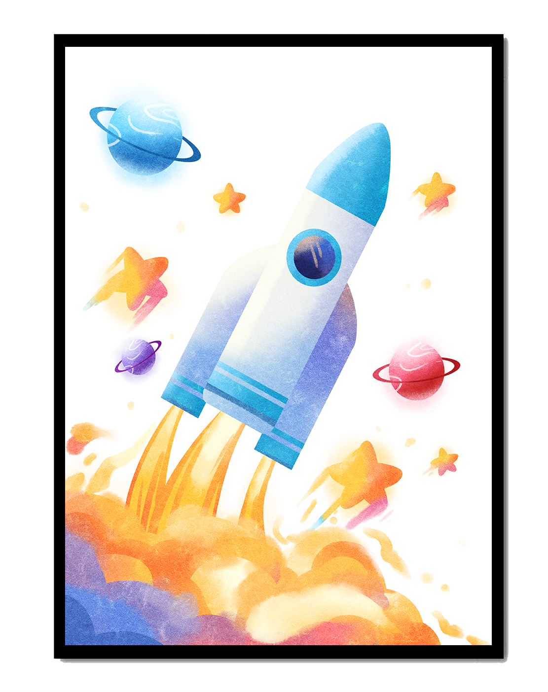 Colorful space-themed illustration with rocket and planets