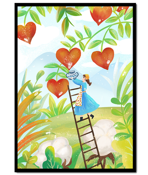 Mujer recolectando frutas en forma de corazón en el vibrante campo
