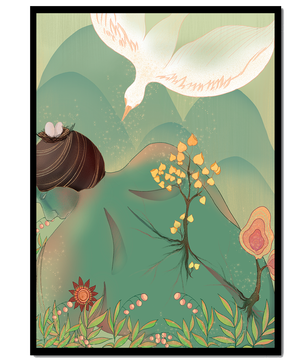 Dreamy nature-inspired illustration with bird and plant elements
