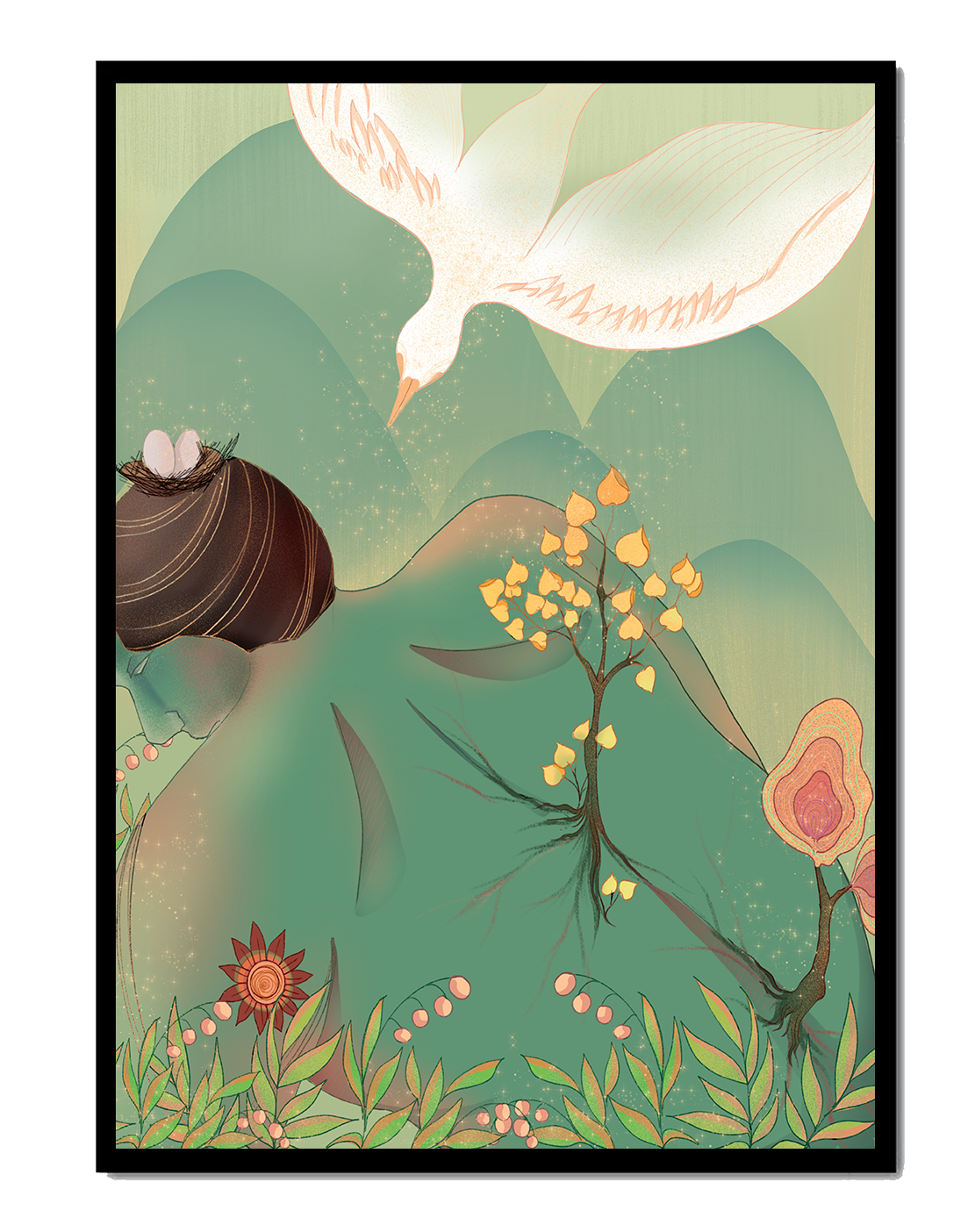 Dreamy nature-inspired illustration with bird and plant elements