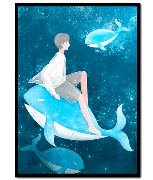 Illustration fantastique d'une personne sur une baleine bleue dans une scène sous-marine