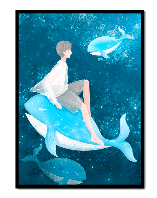 Fantasy illustration of person on blue whale in underwater scene