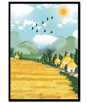 Sunny Countryside With Birds And Golden Fields
