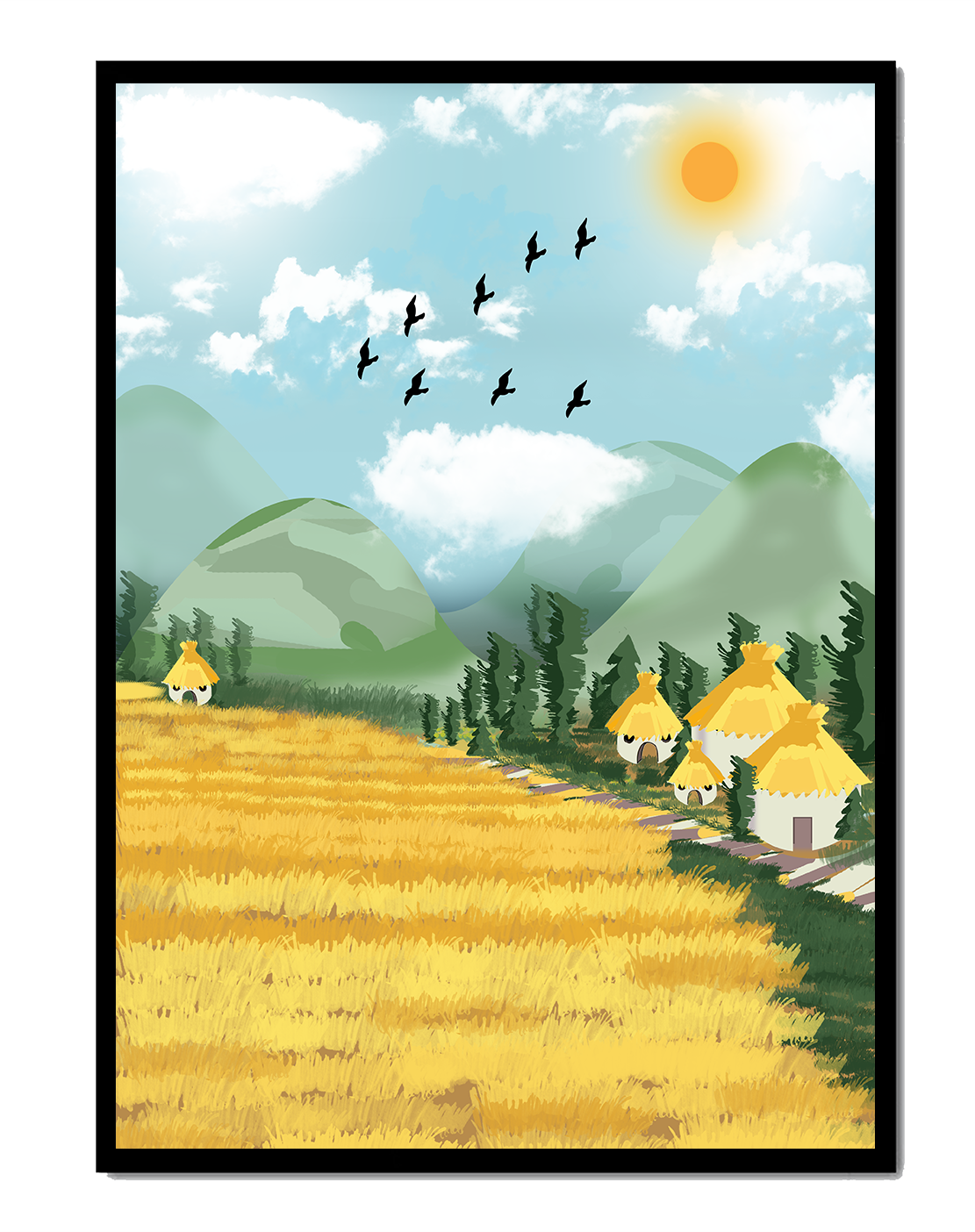Sunny Countryside With Birds And Golden Fields