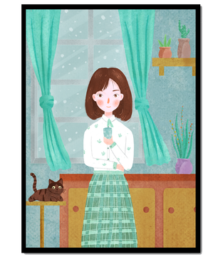 Charming Illustration of Woman and Cat in Cozy Living Room
