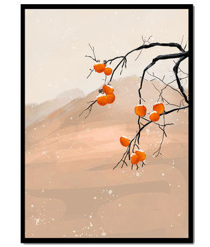 Branch with Persimmons and Snow in Minimalistic Landscape