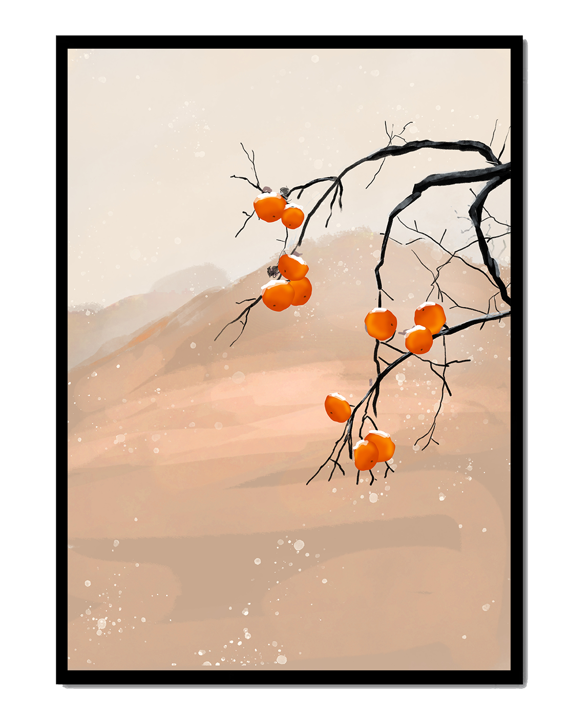 Branch with Persimmons and Snow in Minimalistic Landscape