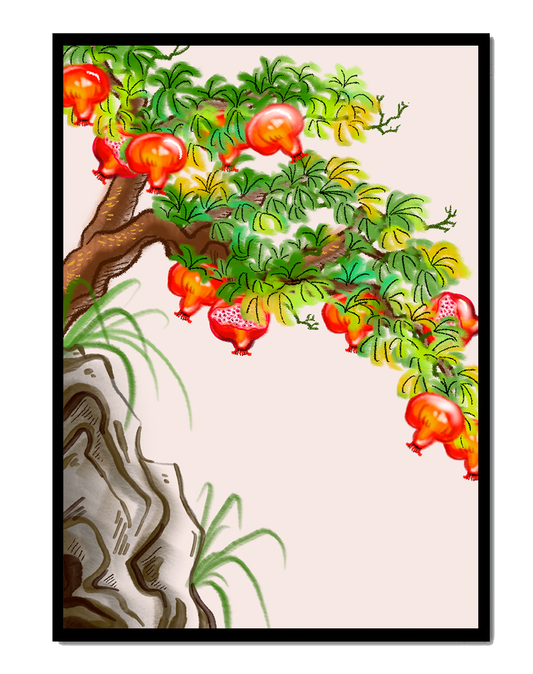 Serene landscape with pomegranate tree and rocky outcrop