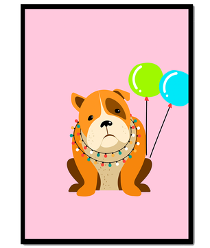 Perro de dibujos animados adorable con luces festivas y globos coloridos sobre fondo rosa
