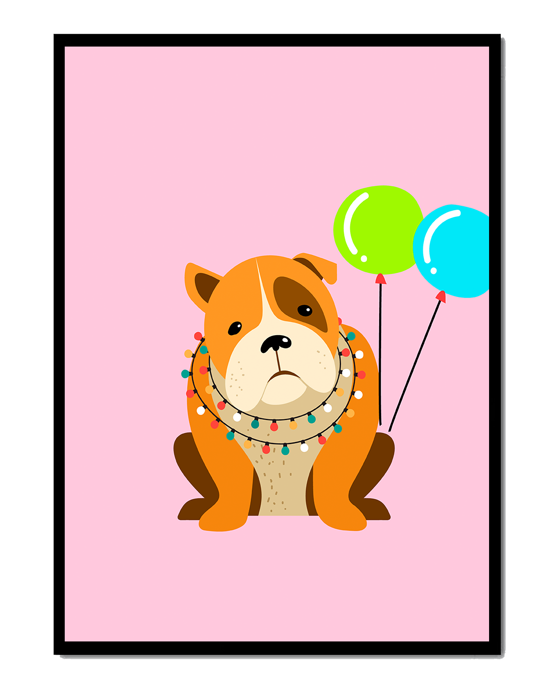 Perro de dibujos animados adorable con luces festivas y globos coloridos sobre fondo rosa