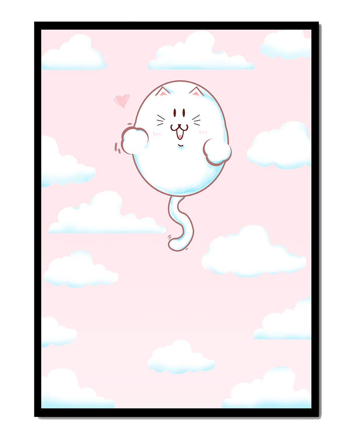 Whimsical floating cat in pastel sky with fluffy clouds