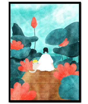 Serene scene with a person and cat among large leaves and flowers
