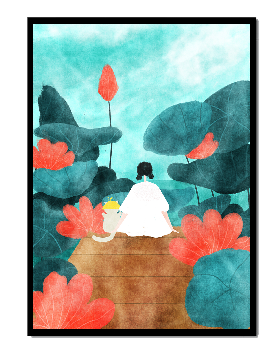 Serene scene with a person and cat among large leaves and flowers