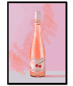 Illustrated wine bottle with a cherry label on pink background