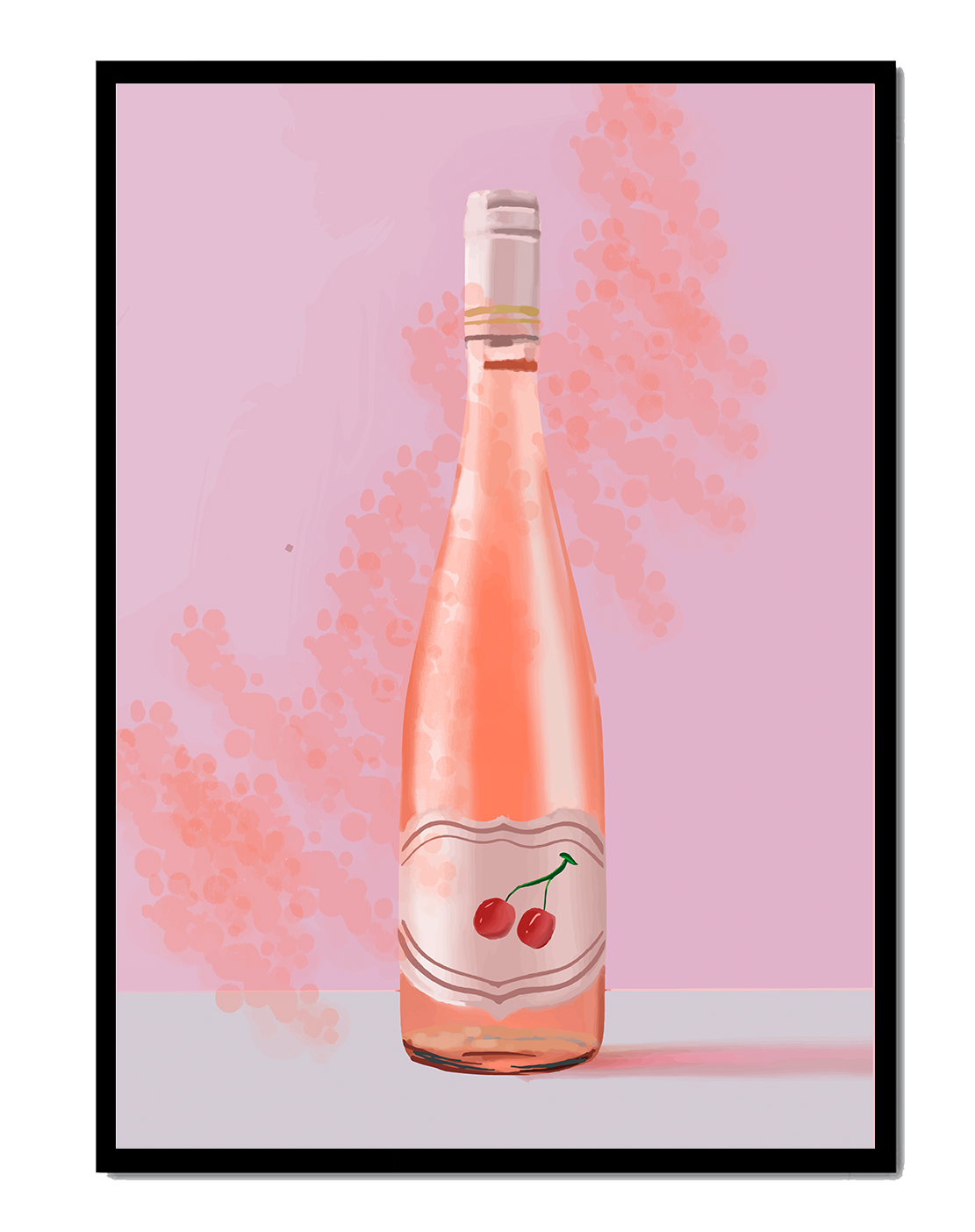 Illustrated wine bottle with a cherry label on pink background