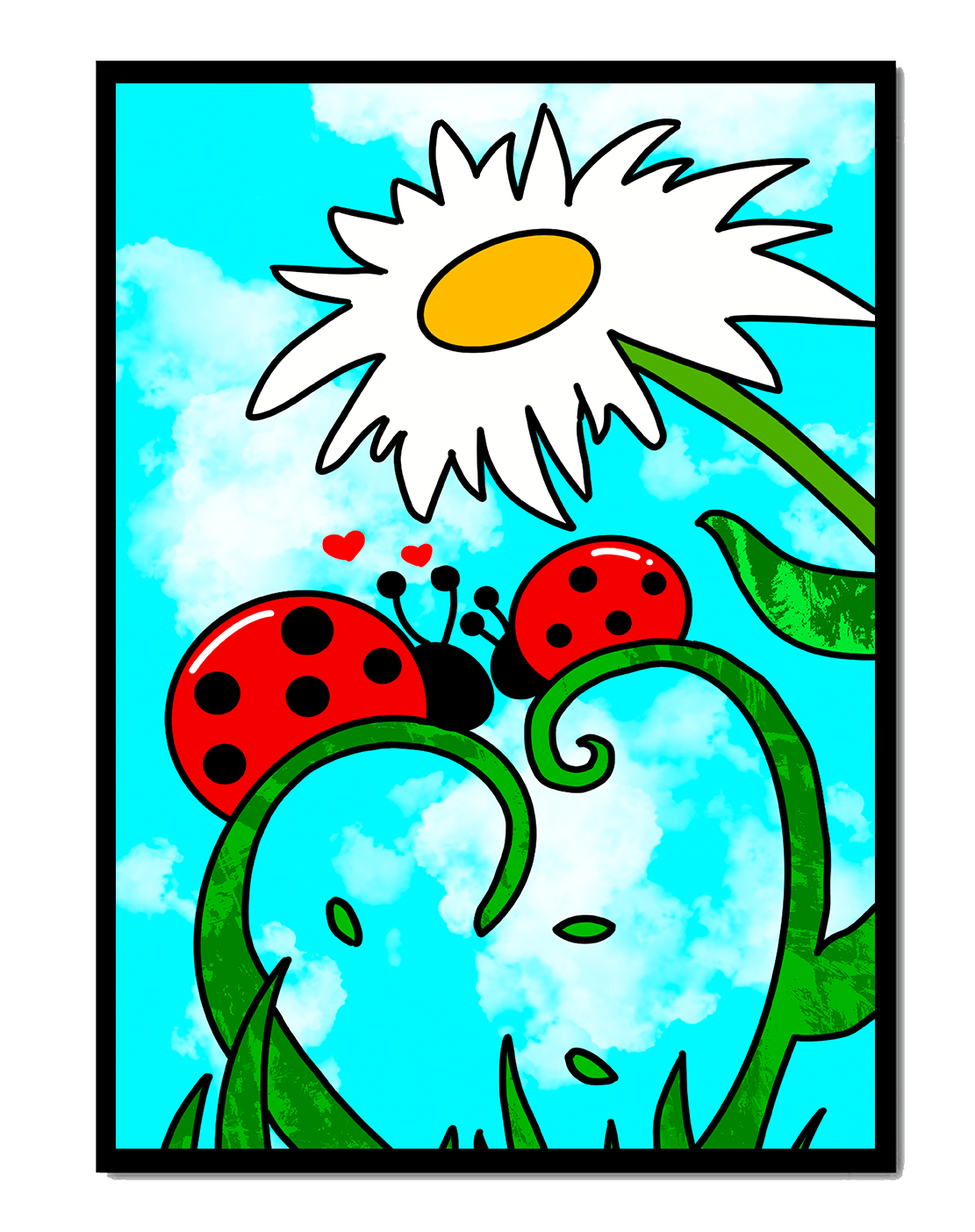 Ladybugs in love beneath a daisy on a bright sky