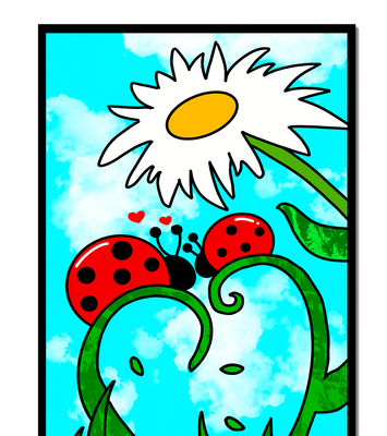 Ladybugs in love beneath a daisy on a bright sky