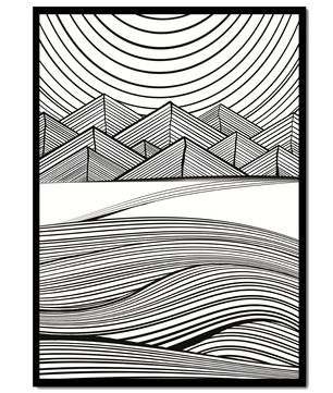 Abstract Black and White Geometric Landscape with Line Art