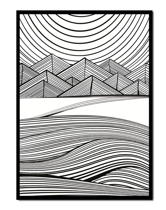 Abstract Black and White Geometric Landscape with Line Art