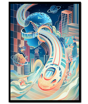 Futuristische Illustration mit VR-Thema und technologischen Elementen