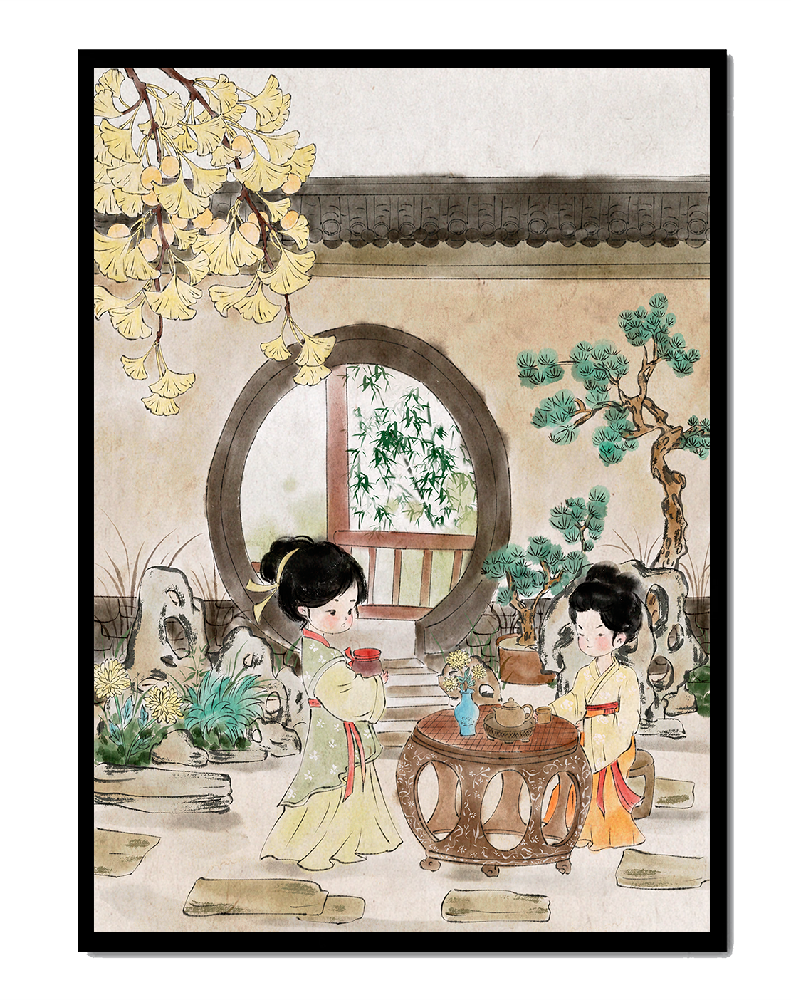 Serene traditional Chinese garden scene with women in elegant attire