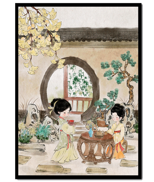 Scène sereine de jardin traditionnel chinois avec des femmes en tenue élégante