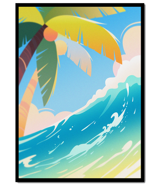 Escena vibrante de playa tropical con palmera y ola del océano