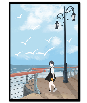 Seaside boardwalk with woman walking under street lamps amid seagulls