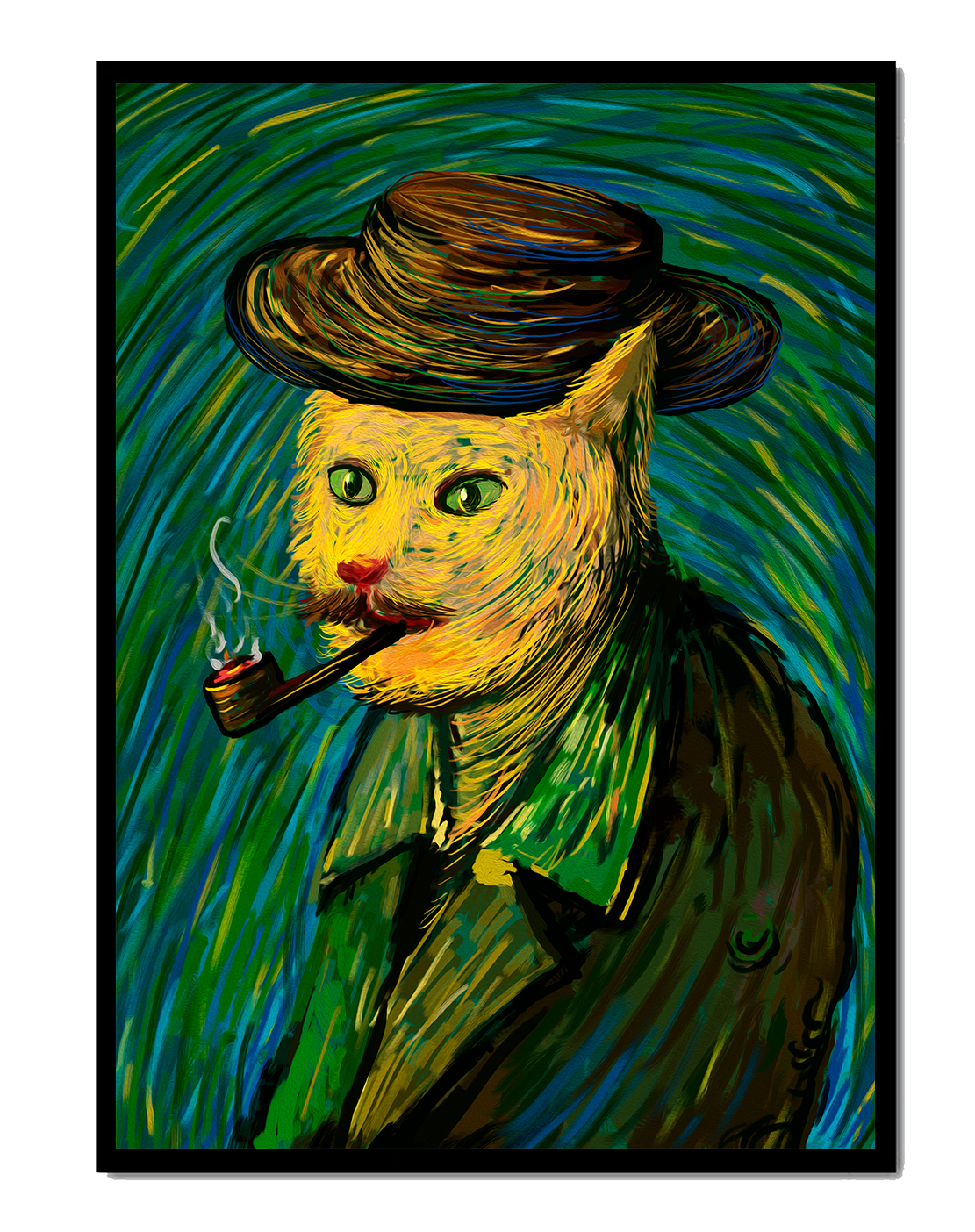 Gato caprichoso fumando una pipa en un estilo pictórico vibrante
