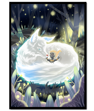Scène de forêt fantaisiste avec un loup endormi et une silhouette mystérieuse la nuit