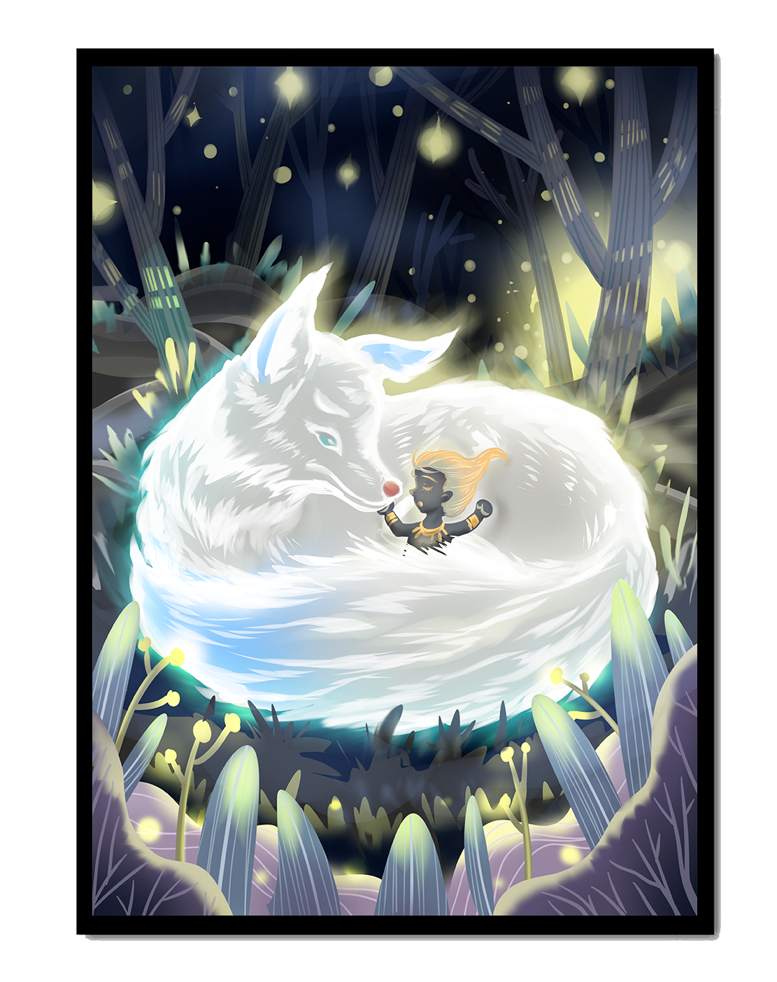 Whimsical forest scene with a sleeping wolf and a mysterious figure at night