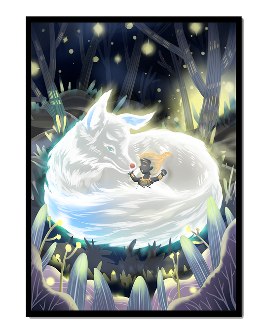 Whimsical forest scene with a sleeping wolf and a mysterious figure at night