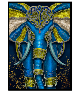 Blue and gold ornate elephant with intricate patterns