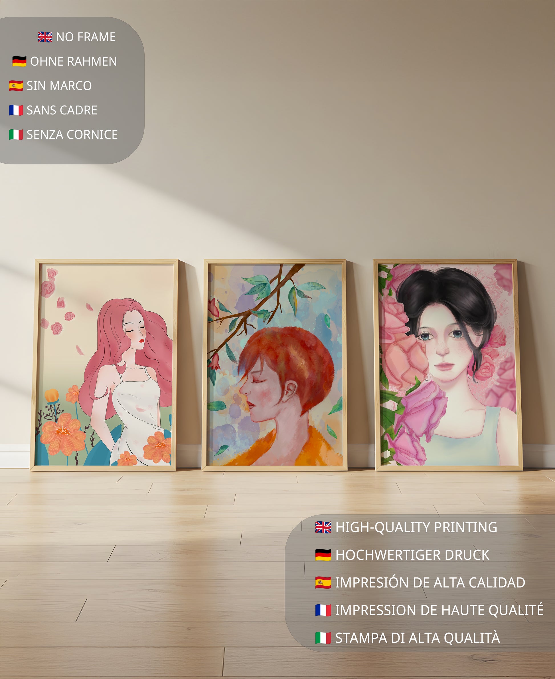 Peintures modernes de femmes avec fleurs en décoration intérieure