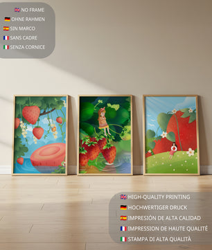 Ensemble d’illustrations de fraise avec une fillette dans un environnement naturel