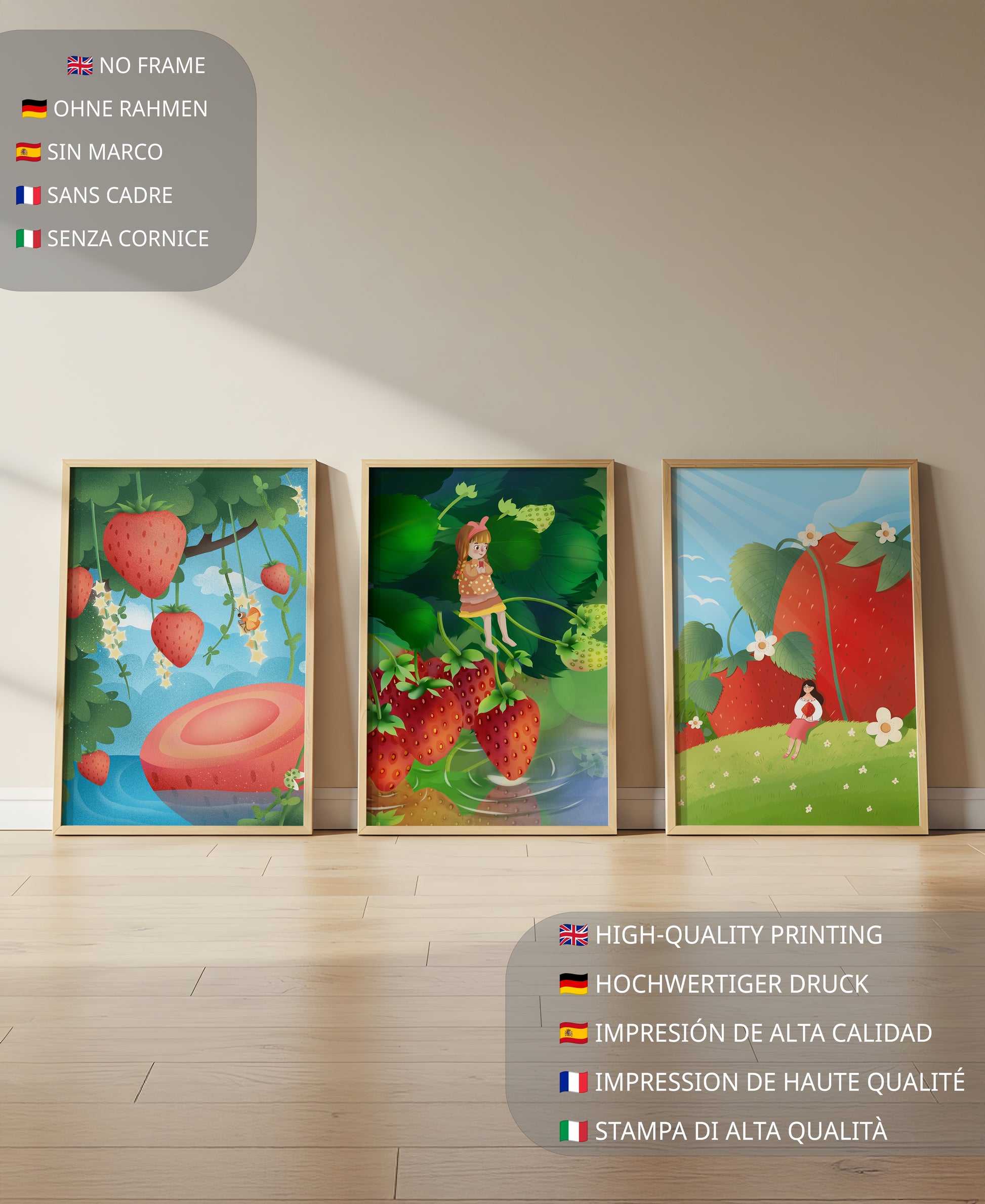 Ensemble d’illustrations de fraise avec une fillette dans un environnement naturel