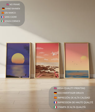 Ensemble de tableaux avec des paysages au coucher et au lever du soleil