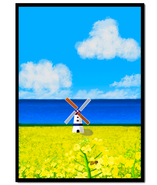 Paisaje pintoresco con molino de viento en un campo floreciente junto al mar