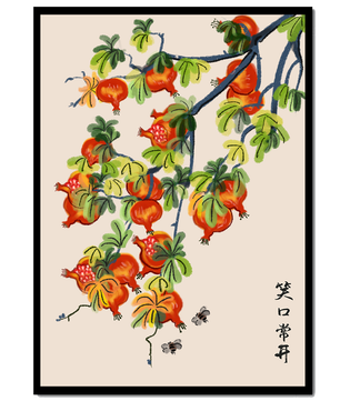 Artistic illustration of vibrant pomegranates on a branch with Asian aesthetic