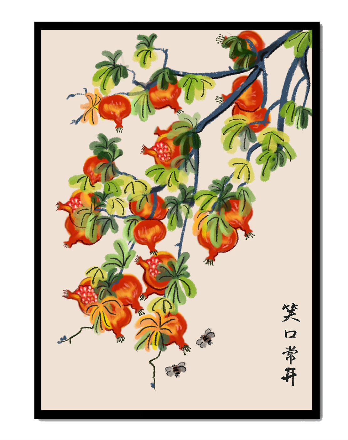 Artistic illustration of vibrant pomegranates on a branch with Asian aesthetic