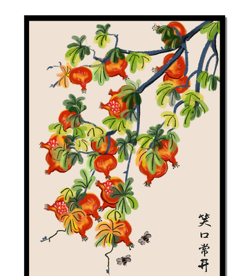 Artistic illustration of vibrant pomegranates on a branch with Asian aesthetic