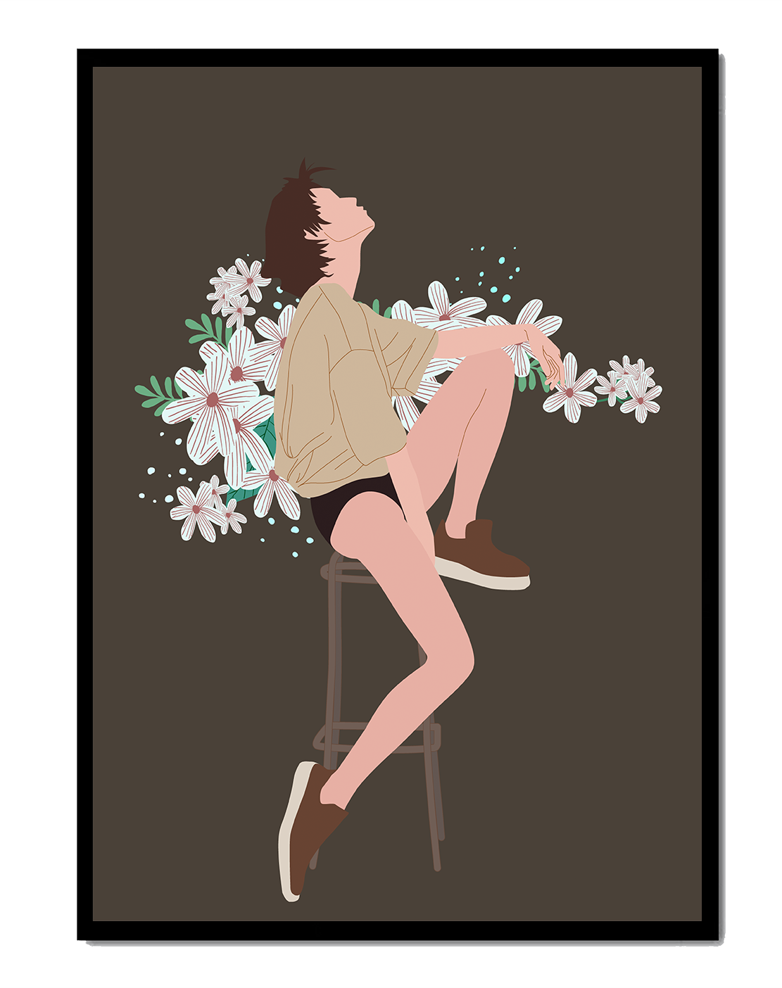 Illustration of a woman sitting on a stool surrounded by flowers