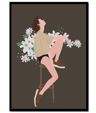 Illustration of a woman sitting on a stool surrounded by flowers