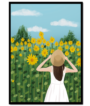 Mujer con vestido blanco admirando un campo de girasoles