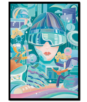 Futuristic digital art with virtual reality and technology themes